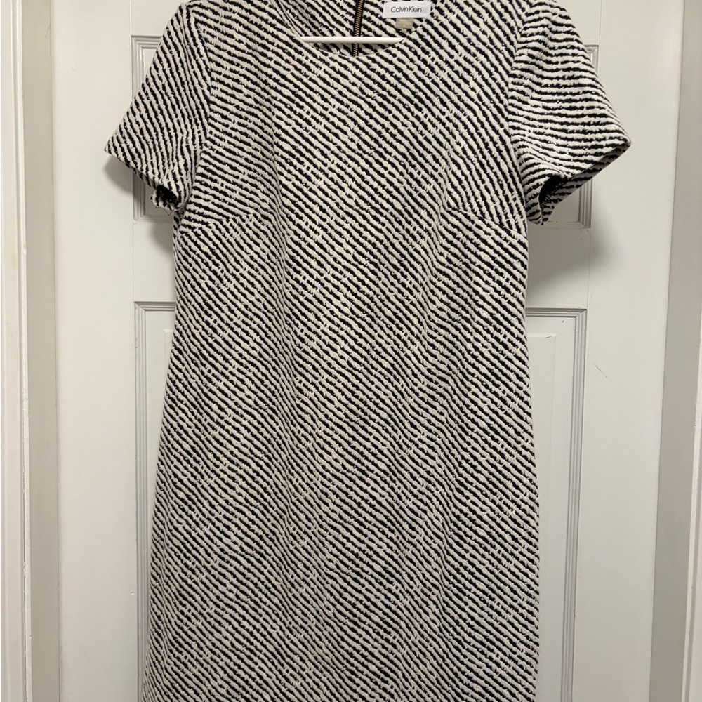 Calvin Klein Diagonal Striped Dress in Black and White